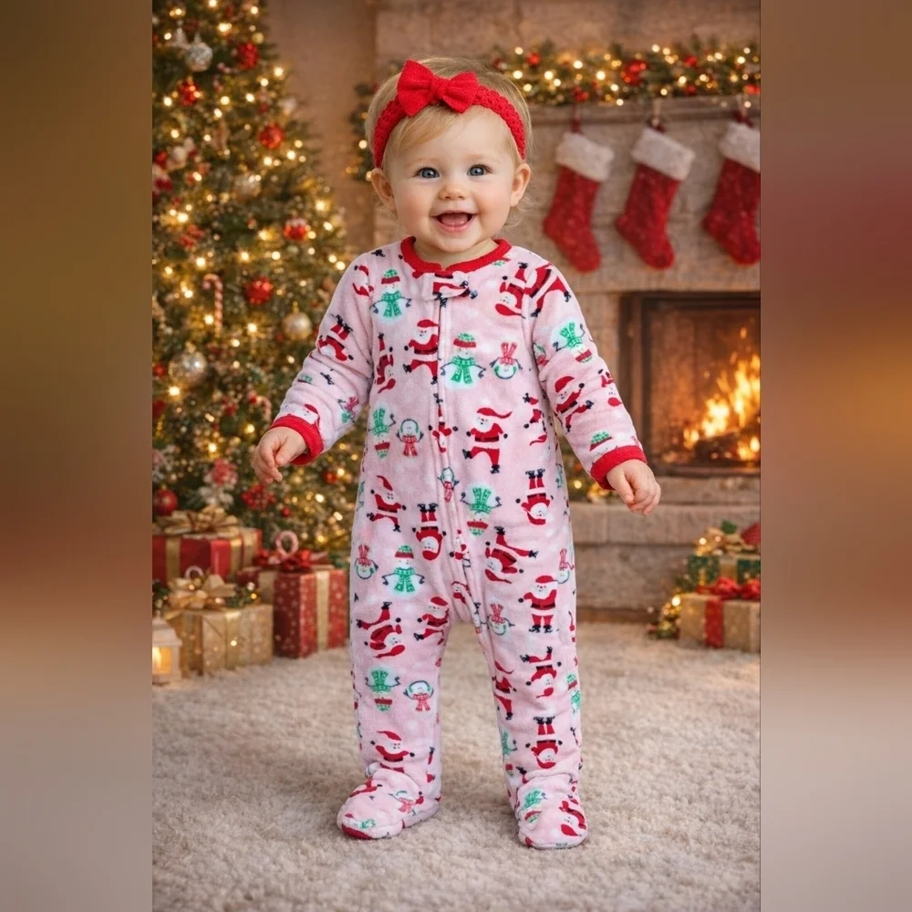Carter's 6 Month Fleece Pink Holiday Santa Snowman Pajama Bodysuit